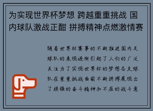 为实现世界杯梦想 跨越重重挑战 国内球队激战正酣 拼搏精神点燃激情赛场